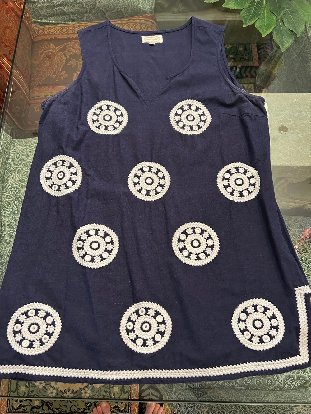 Mud Pie Navy Tunic with White Crochet Medallions